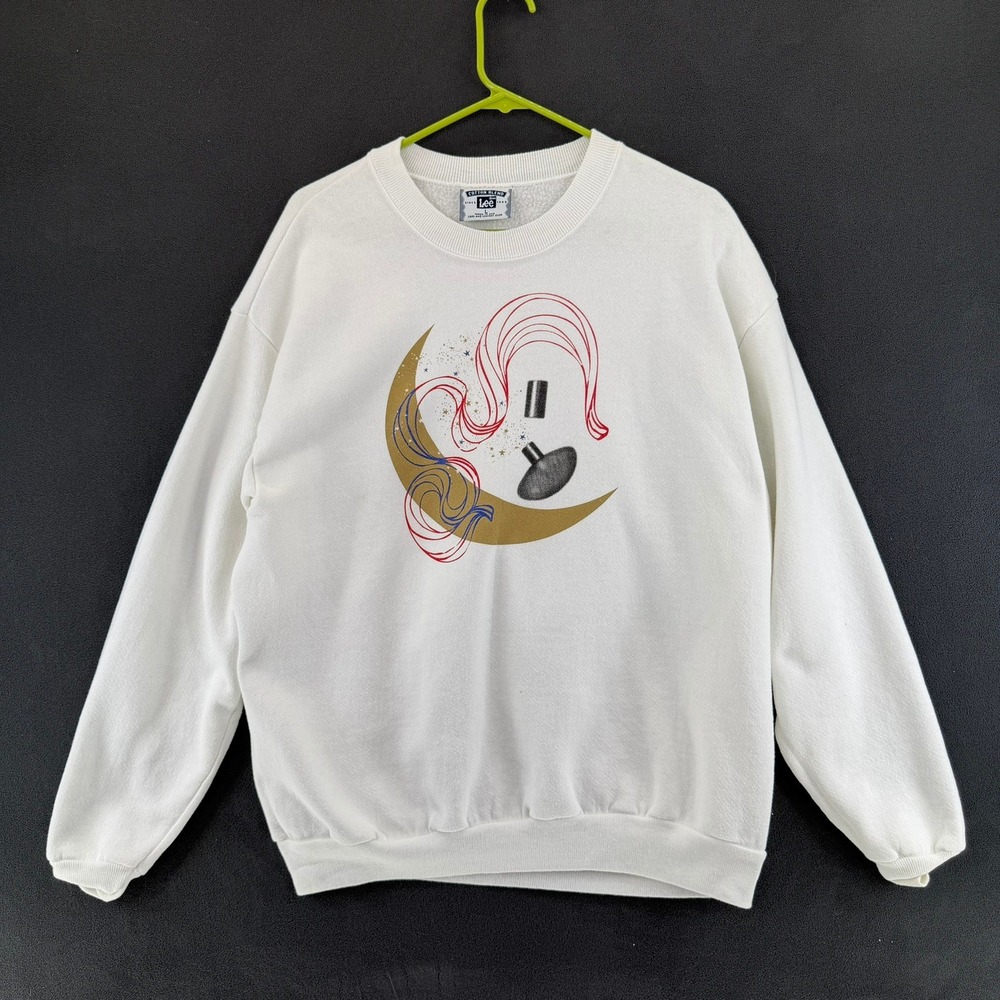 Vintage Lee Crewneck Sweatshirt Mens Large White Abstract Moon Graphic USA READ